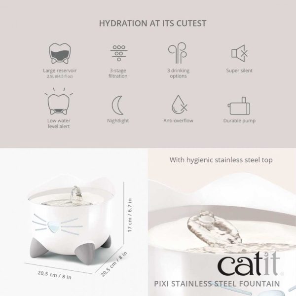 Catit Pixi Drinking Fountain Stainless Steel White 2.5L Sale