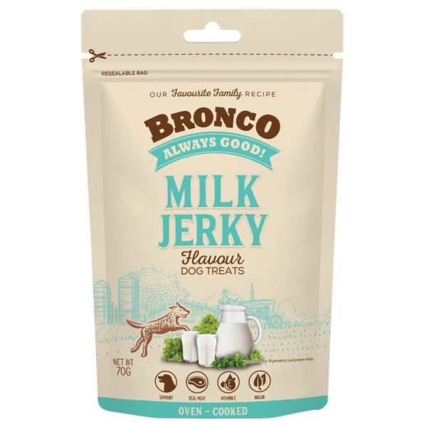 4 FOR $11.50: Bronco Jerky Milk Flavour Dog Treats 70g Supply