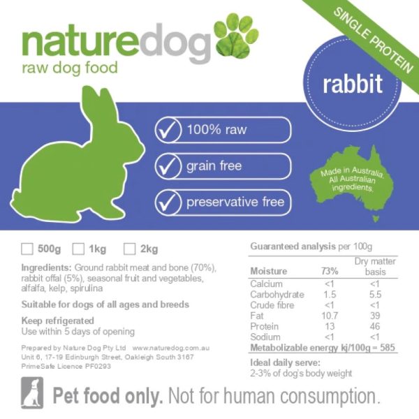 NatureDog Raw Rabbit Frozen Dog Food 500g Sale