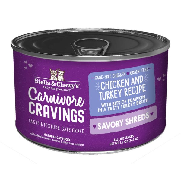 3 FOR $14.40: Stella & Chewy s Carnivore Cravings Savory Shreds Chicken & Turkey in Broth Grain-Free Canned Cat Food 5.2oz For Discount