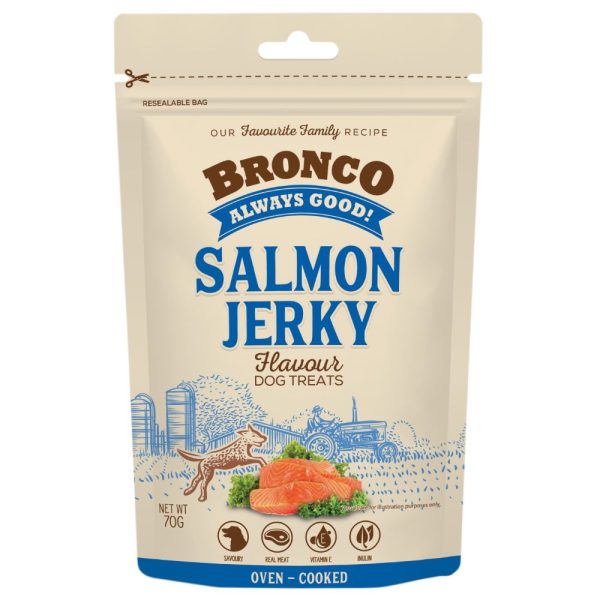 4 FOR $11.50: Bronco Jerky Salmon Flavour Chicken Dog Treats 70g For Sale