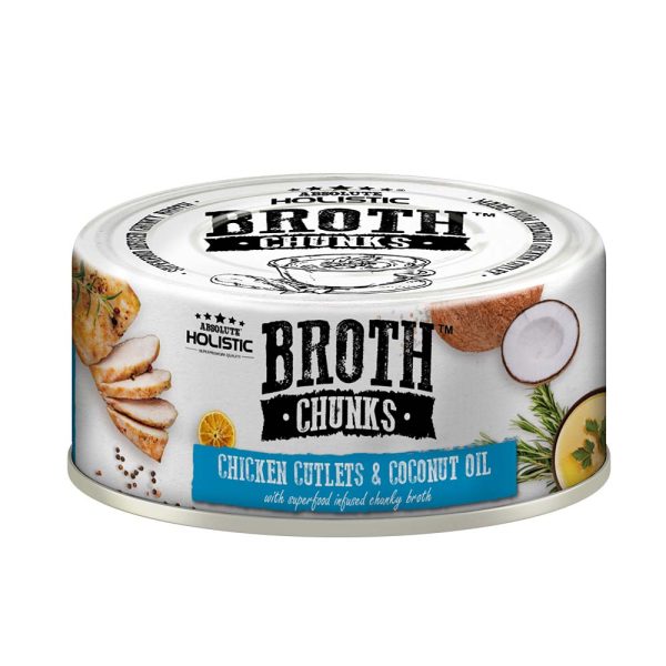 Absolute Holistic Broth Chunks Chicken Cutlets & Coconut Oil Grain-Free Canned Food For Cats & Dogs 80g For Sale